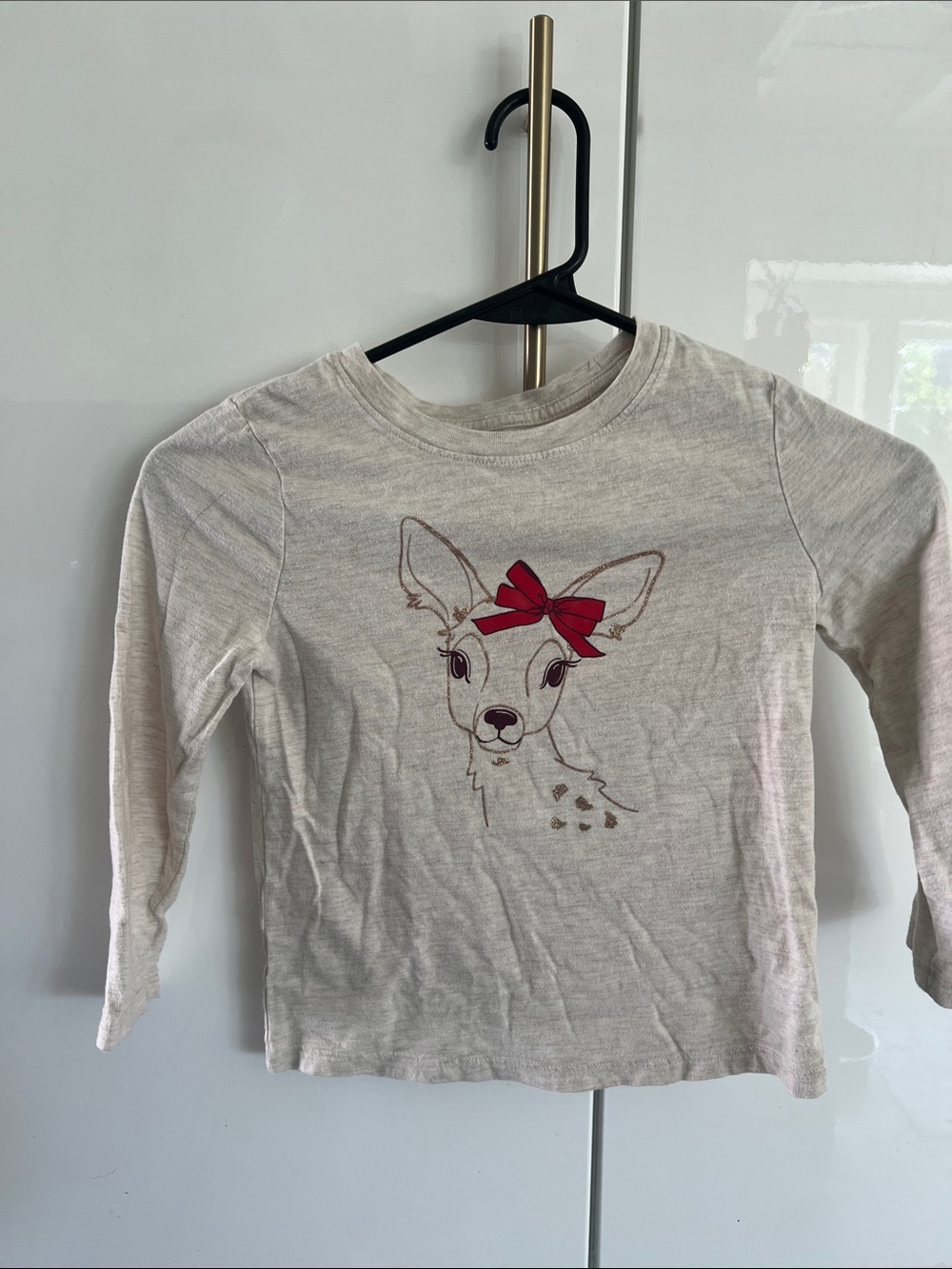 Cat & Jack Cream Long-Sleeve Tee with Deer and Red Bow